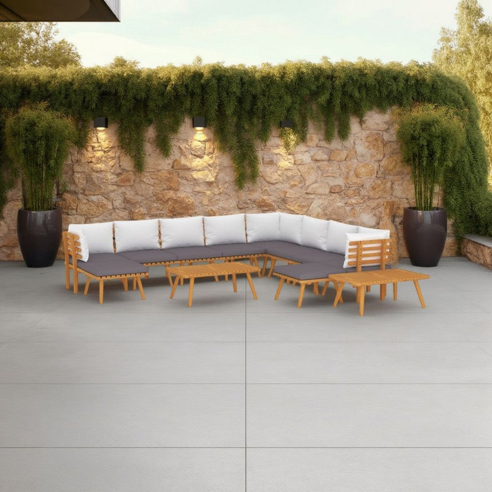 Roma 12pc Outdoor Modular Sofa Set, 2 Tables, Gray, White, Acacia Wood