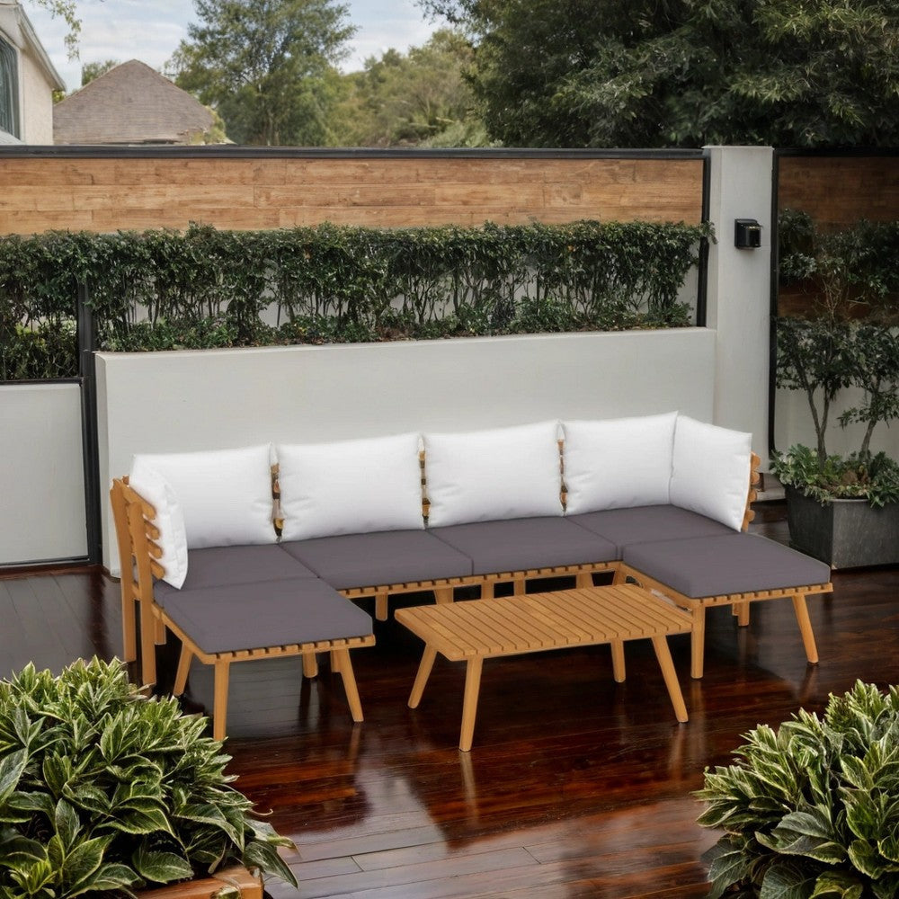 Roma 7pc Outdoor Modular Sofa Set, Table, White Cushions, Acacia Wood