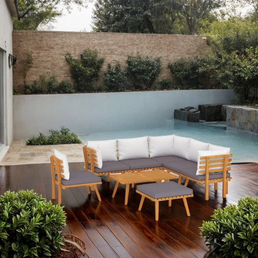 Roma 8pc Outdoor Modular Sofa Set, Table, White Cushions, Acacia Wood