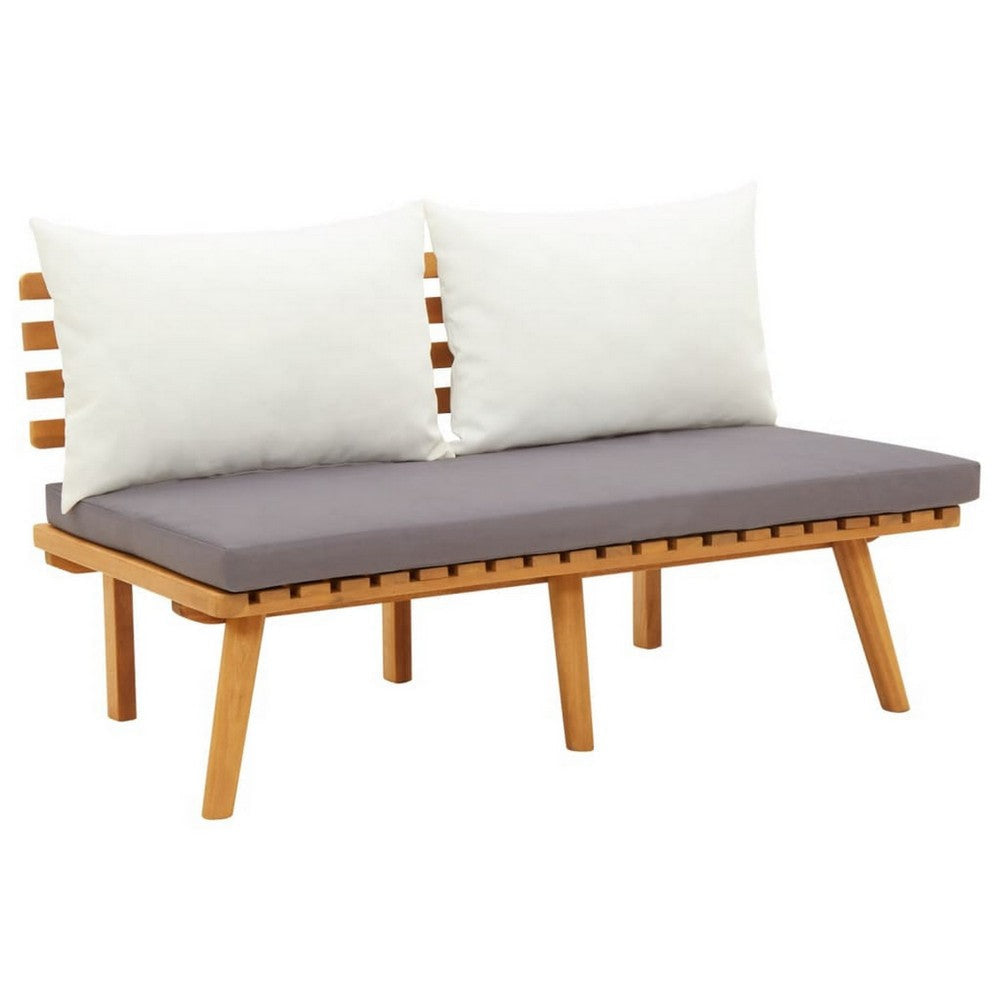 Roma Outdoor Bench, Dark Gray White Cushions, Acacia Brown Wood, 45"