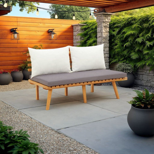 Roma Outdoor Bench, Dark Gray White Cushions, Acacia Brown Wood, 45"
