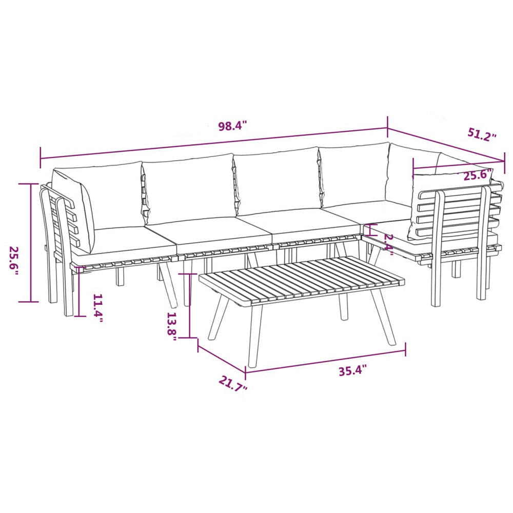 Roma 6pc Outdoor Modular Sofa Set 1 Table Gray White Acacia Wood BM325700