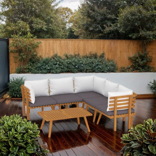 Roma 6pc Outdoor Modular Sofa Set, 1 Table, Gray, White, Acacia Wood