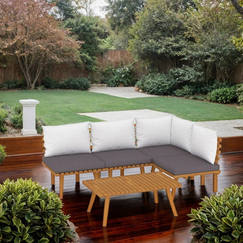 Roma 5pc Outdoor Modular Sofa Set, Table, White Cushions, Acacia Wood