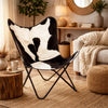 Butterfly Chair, Black and White Genuine Cowhide Upholstery, Metal