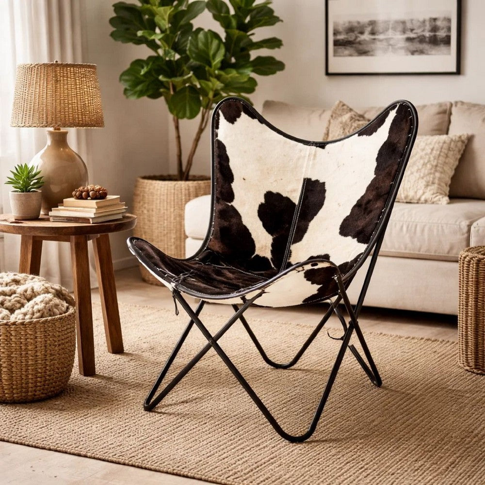 Butterfly Chair, Black and White Genuine Cowhide Upholstery, Metal
