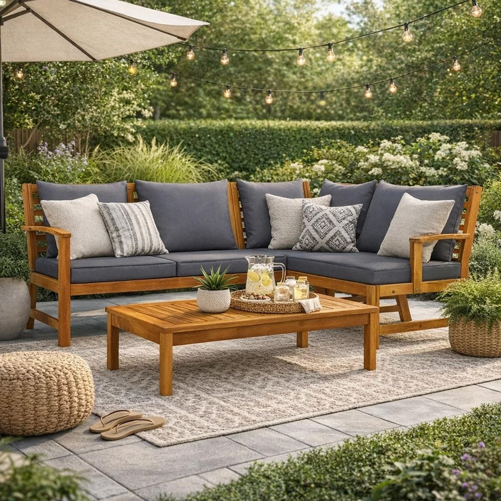 Roma 4pc Patio Sofa Set with Coffee Table, Gray Cushions, Acacia Wood