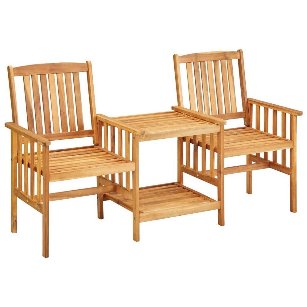 3pc Outdoor Patio Chairs w Attached Table, Slatted Solid Acacia Wood