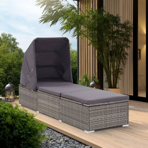 Casey Sun Chaise Lounger with Canopy, Cushion, Gray Rattan, 77"