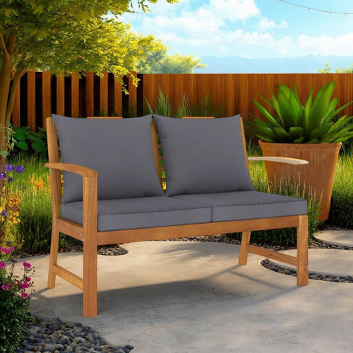 Patio Bench w Gray Cushions, Slatted Brown Solid Acacia Wood, 45"