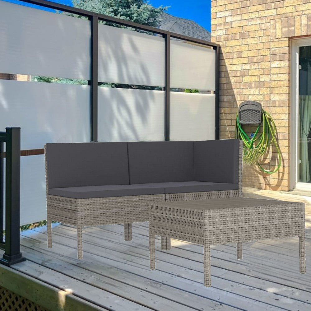 Outdoor 3pc Patio Sofa Set with Table, Dark Gray Cushions, Poly Rattan