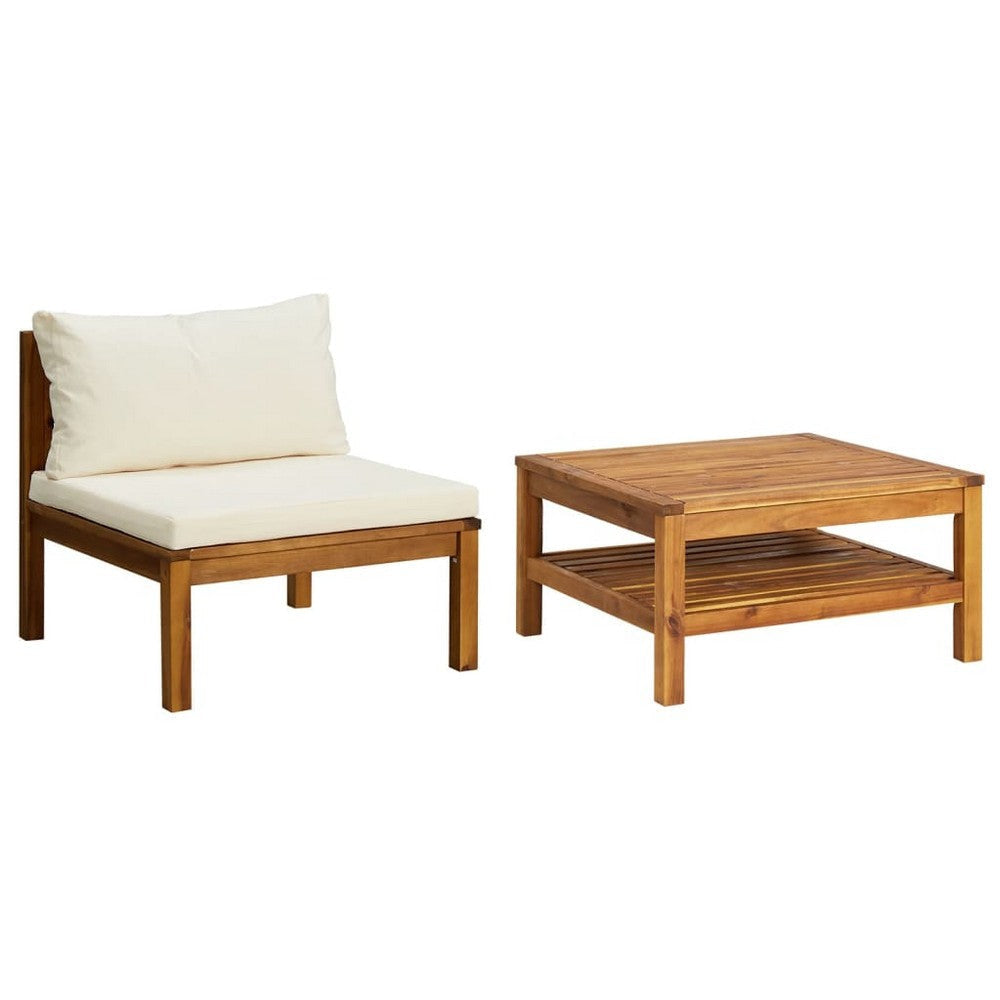 2pc Outdoor Patio Sofa and Table Set Ivory Cushion Brown Acacia Wood BM325728