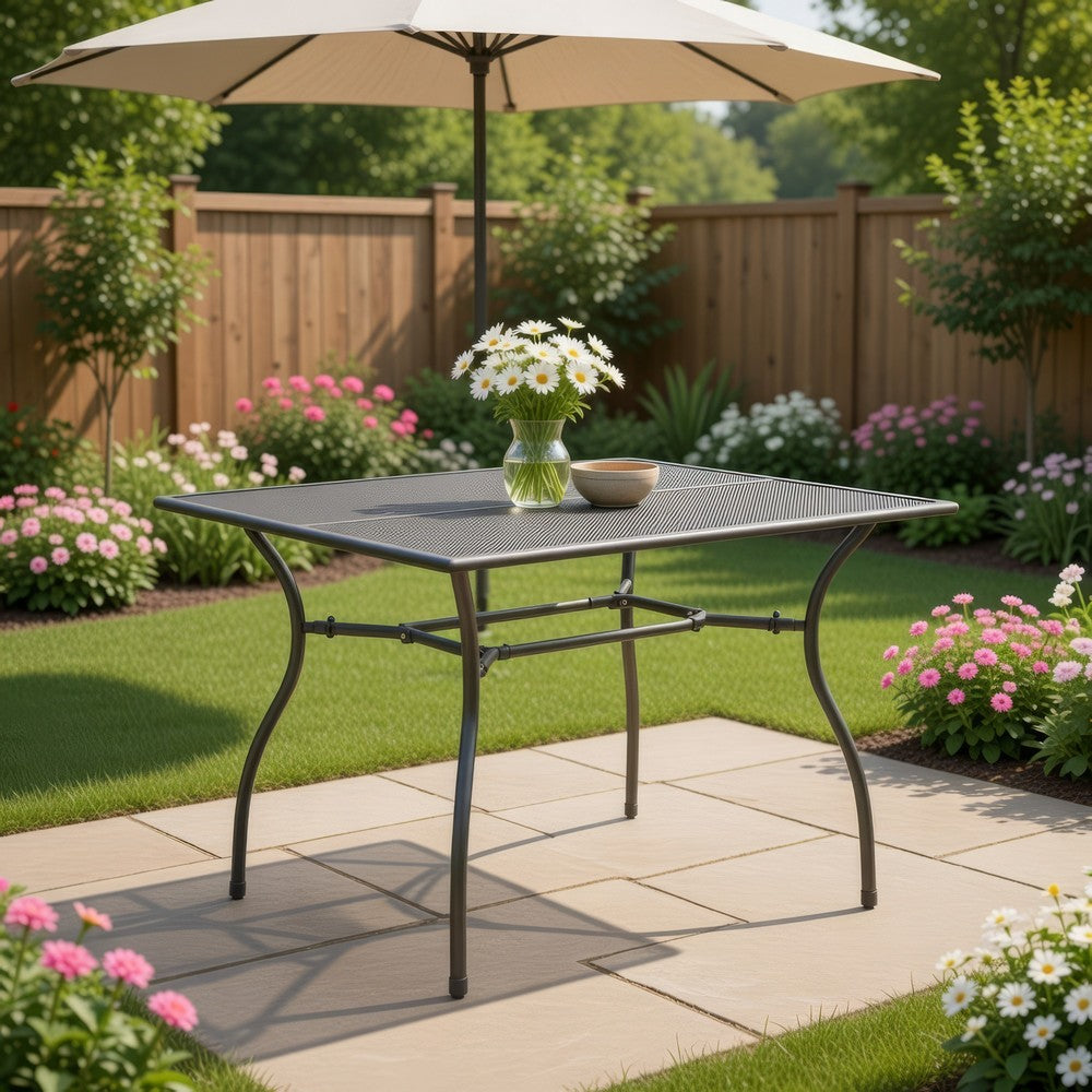 Outdoor Patio Dining Table, 35" Square Mesh Top Classic Gray Metal