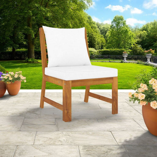 Sectional Middle Sofa Chair with 2 White Cushions, Brown Acacia Wood