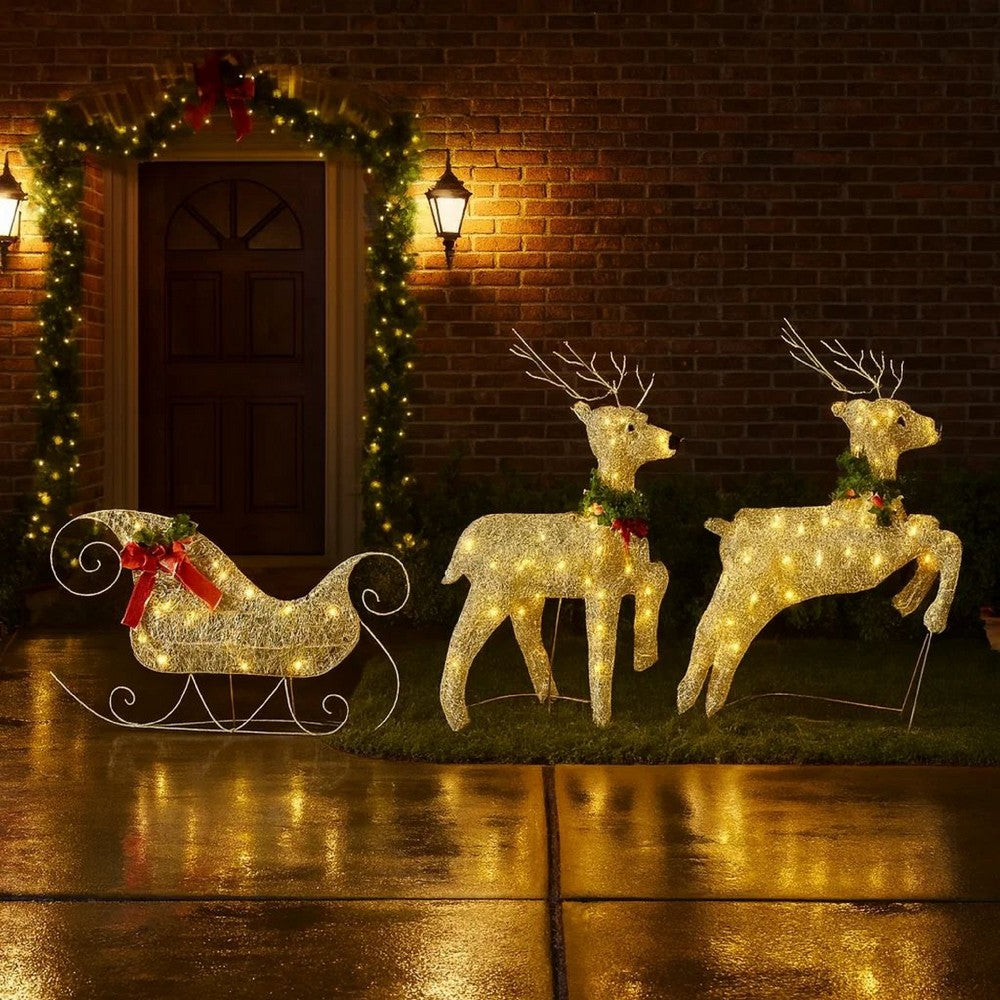 Garden 4pc Reindeer and Sleigh Christmas Decoration, 100 LEDs, Gold