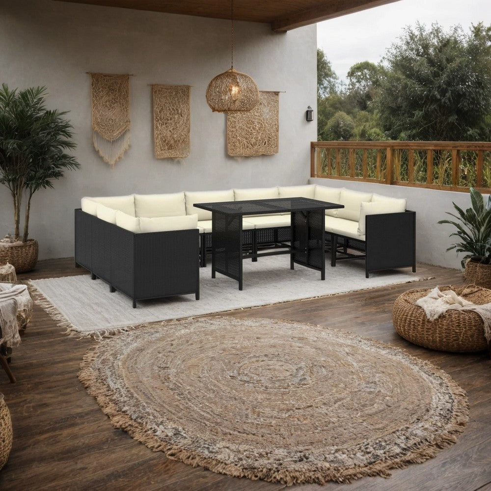 10pc Outdoor Sofa Set, White Cushions, 9 Modular Chairs, Table, Black