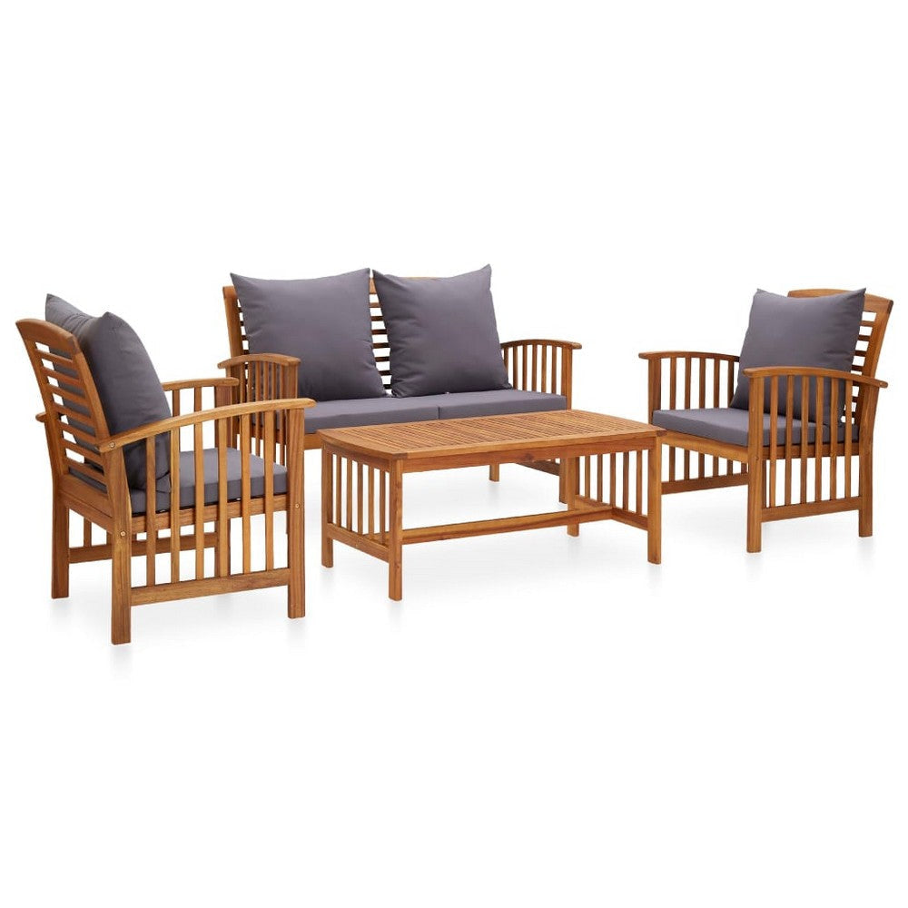 Mia 4pc Patio Lounge Set, 2 Chairs, Sofa, Table, Gray Cushions, Brown