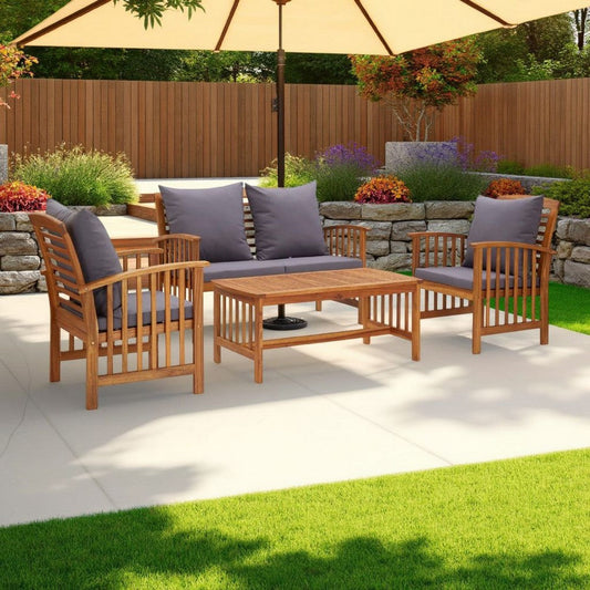 Mia 4pc Patio Lounge Set, 2 Chairs, Sofa, Table, Gray Cushions, Brown