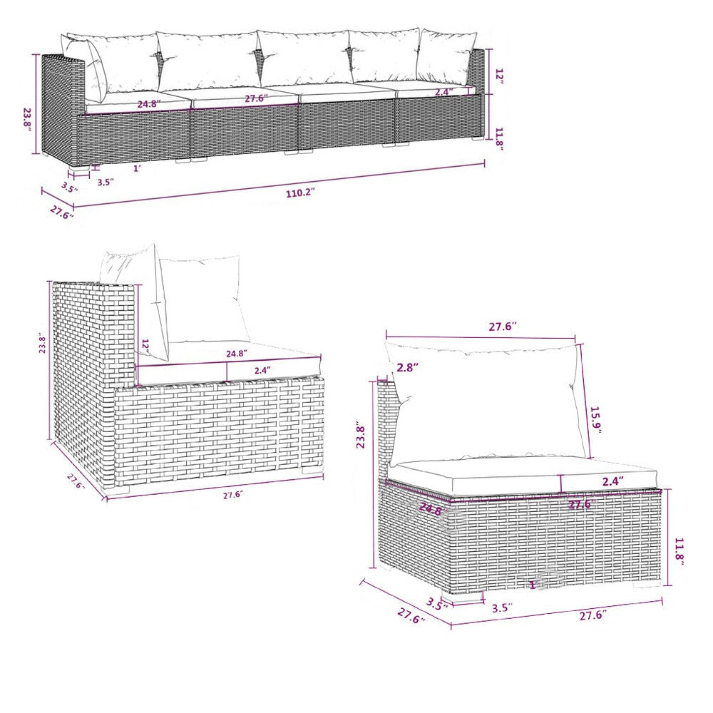 4pc Patio Sectional Sofa Set with 6 Pillows 4 Cushions Red Brown BM325746