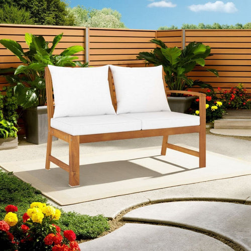 Outdoor Patio Bench, 45", Solid Brown Acacia Wood, Cream Polyester