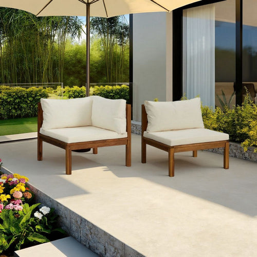 2pc Outdoor Modular Corner Sofa, Square Acacia Wood, White Polyester