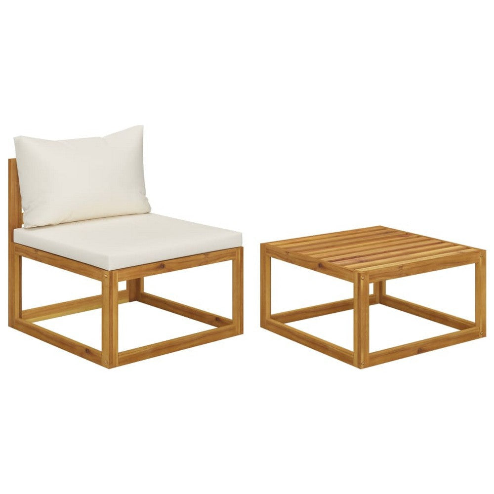 2pc Outdoor Chair and Table Set, Square Top, Brown Acacia Wood, White
