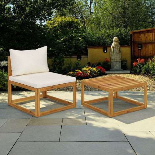 2pc Outdoor Chair and Table Set, Square Top, Brown Acacia Wood, White