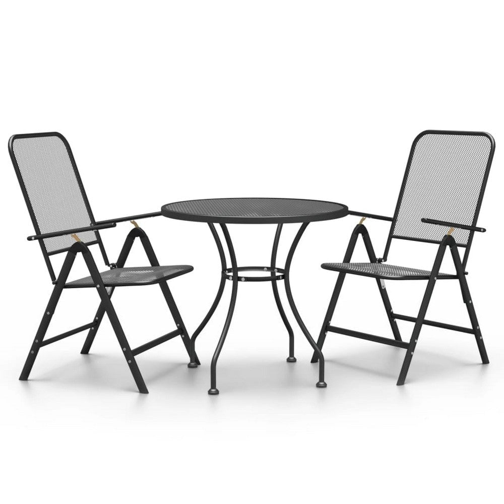 Ian 3 Piece Patio Breakfast Table, 2 Chairs Foldable Set, Black Metal