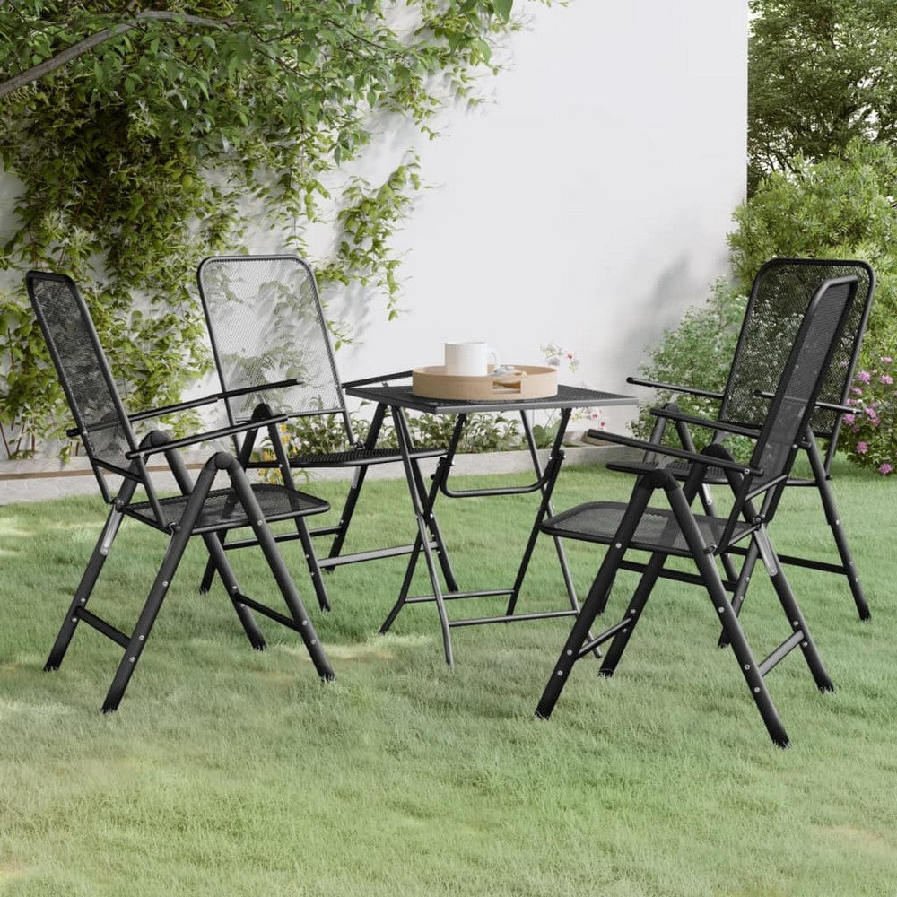 Ian 5 Piece Outdoor Dining Table Set, 4 Folding Chairs, Black Metal