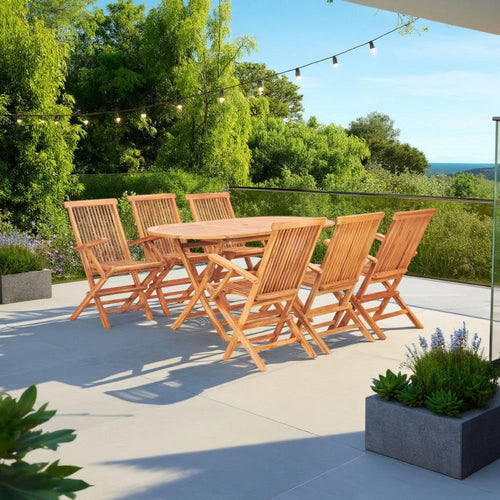 Sam 7pc Outdoor Dining Table Set, 6 Folding Chairs, Brown Teak Wood