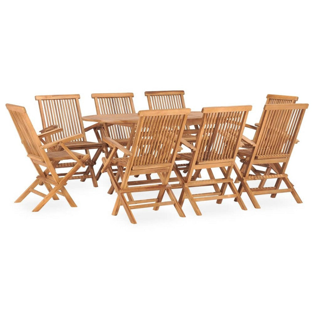 Sam 9pc Outdoor Dining Table Set, 8 Folding Chairs, Brown Teak Wood