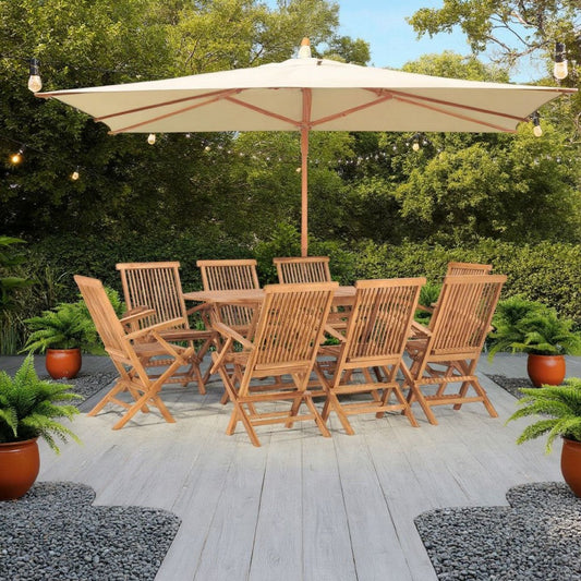 Sam 9pc Outdoor Dining Table Set, 8 Folding Chairs, Brown Teak Wood