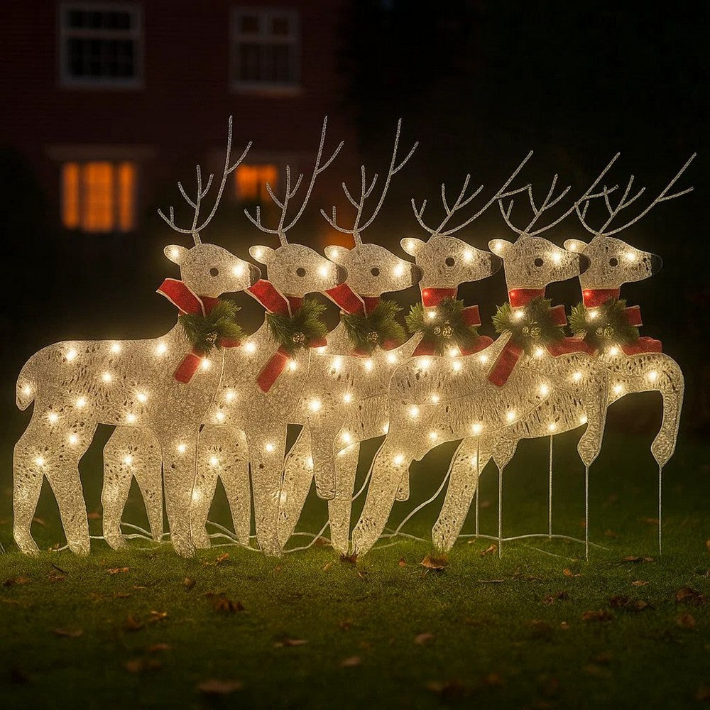 Outdoor 120 LED Light Christmas Decor Reindeer Set of 6, Silver Metal