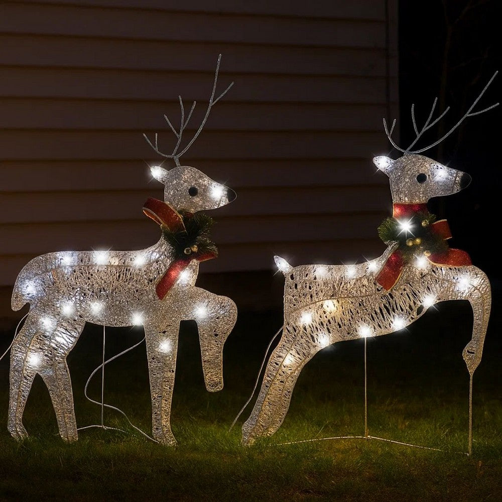Outdoor 40 LED Light Reindeer Christmas Decoration Set of 2, Silver Metal