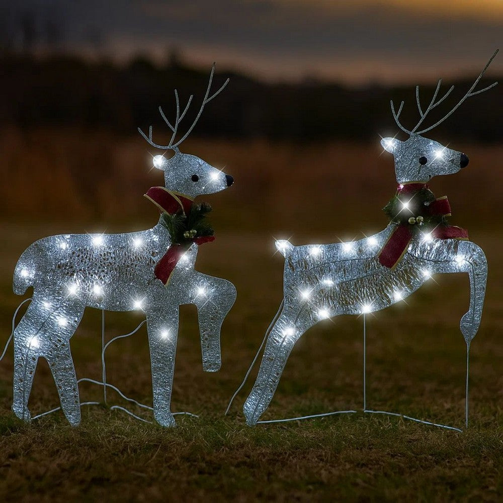 Outdoor 40 LED Light Reindeer Christmas Decoration Set of 2, Silver Metal