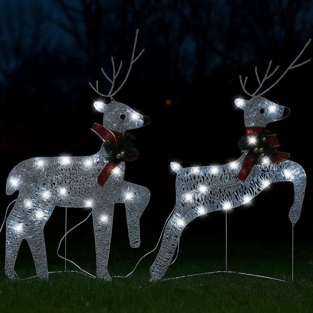 Outdoor 40 LED Light Reindeer Christmas Decoration Set of 2, Silver Metal