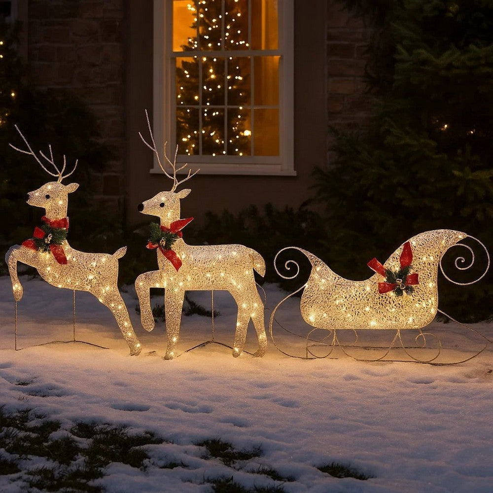 7pc Outdoor 140 LED Lit Christmas Reindeer Decor Set, 1 Sleigh, Silver
