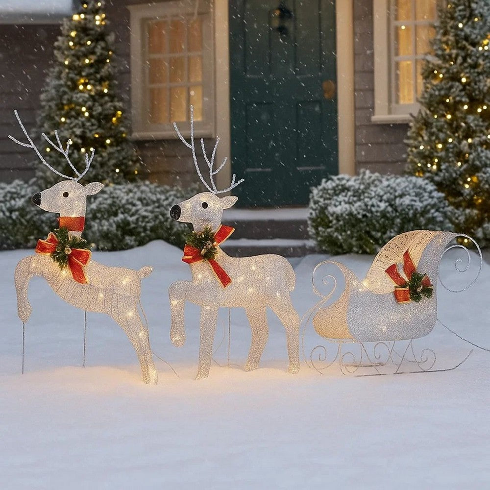 7pc Outdoor 140 LED Lit Christmas Reindeer Decor Set, 1 Sleigh, Silver