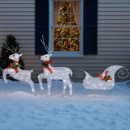 7pc Outdoor 140 LED Lit Christmas Reindeer Decor Set, 1 Sleigh, Silver