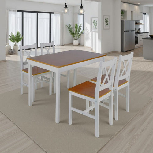 5pc Dining Table Set, 43" Rectangular, 4 Chairs, Brown White Wood