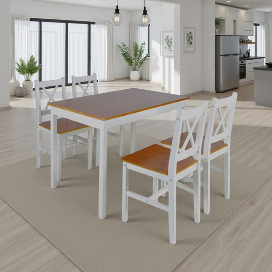 5pc Dining Table Set, 43" Rectangular, 4 Chairs, Brown White Wood