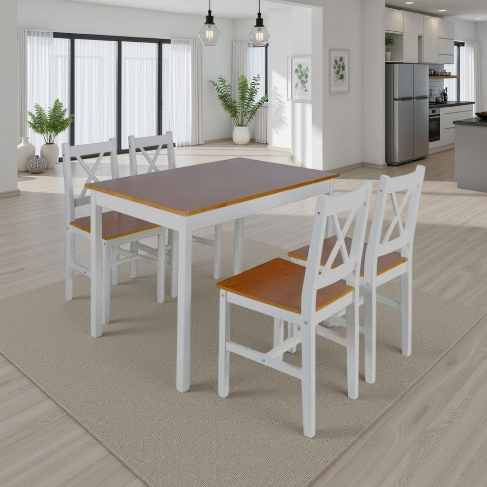 5pc Dining Table Set, 43" Rectangular, 4 Chairs, Brown White Wood