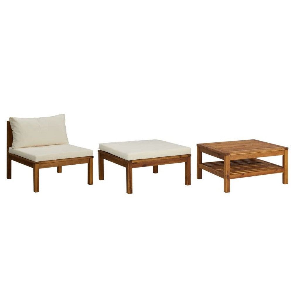 3pc Patio Set with Chair, Ottoman, Coffee Table, Acacia Wood, White