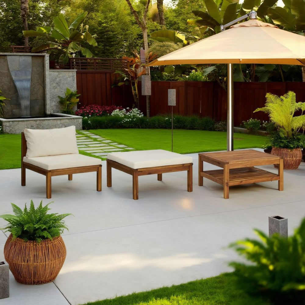 3pc Patio Set with Chair, Ottoman, Coffee Table, Acacia Wood, White