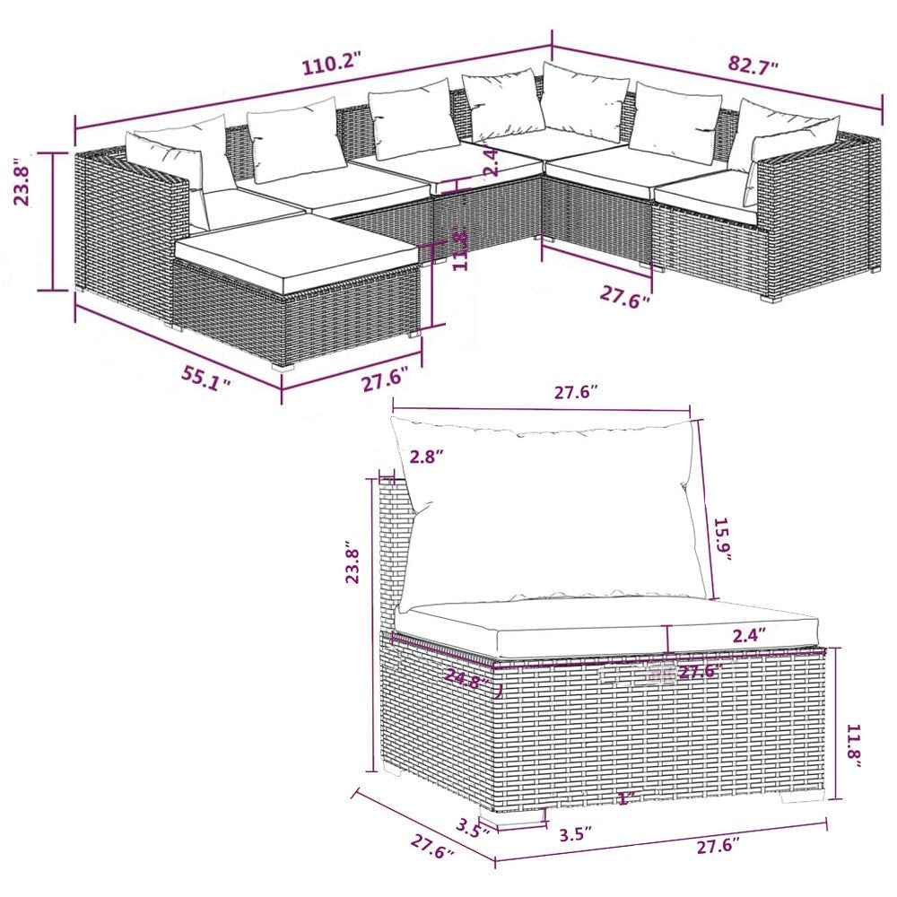 Joez 7pc Outdoor Modular Lounge Sofa Set Footrest Brown Poly Rattan Red BM325779