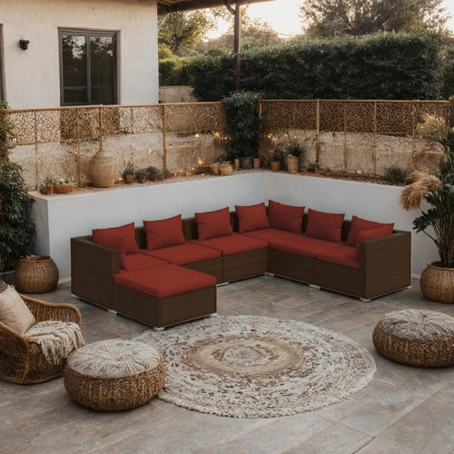Joez 7pc Outdoor Modular Lounge Sofa Set, Footrest, Brown Poly Rattan, Red