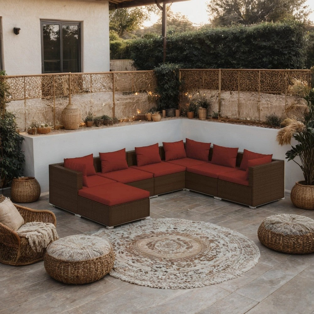 Joez 7pc Outdoor Modular Lounge Sofa Set, Footrest, Brown Poly Rattan, Red