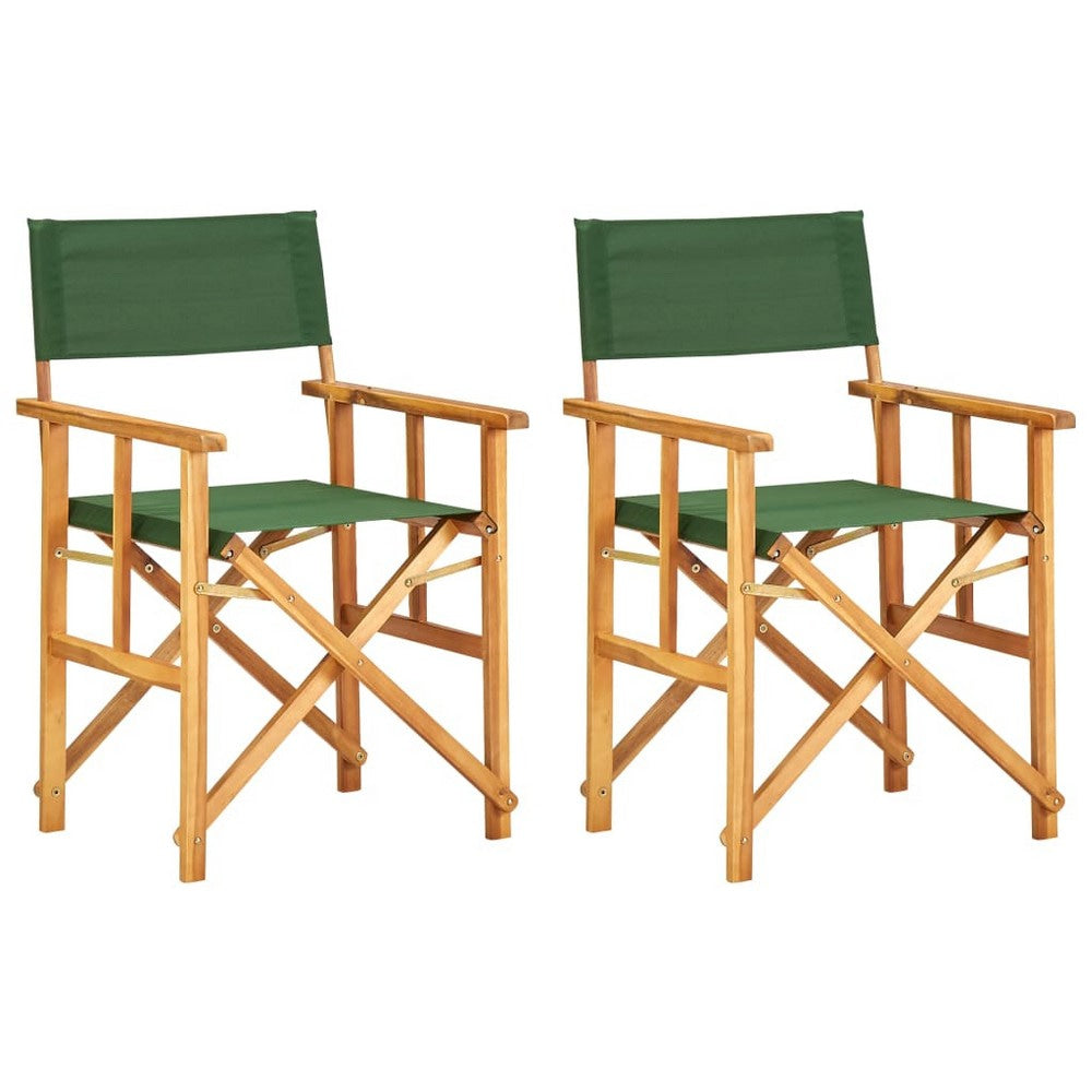 Folding Director's Chairs Set of 2, X Shape Base, Acacia Wood, Green