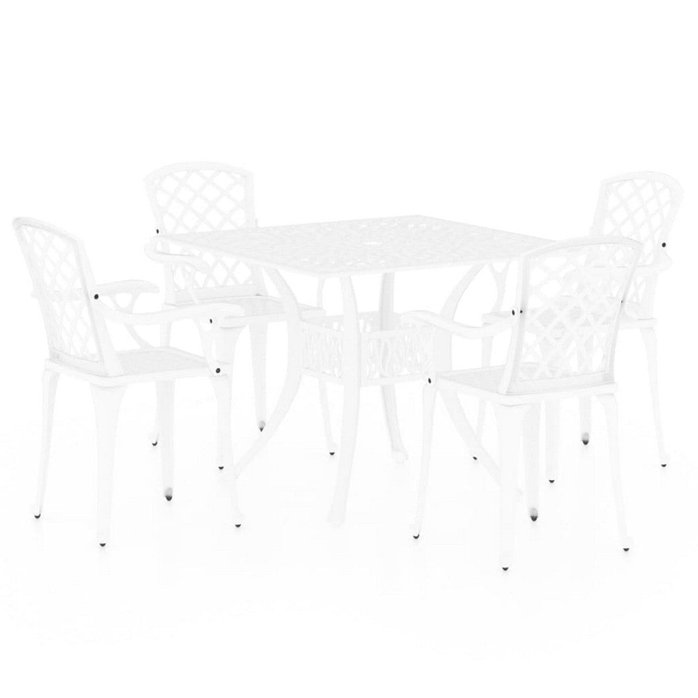 5 Piece Patio Bistro Table Set, 4 Chairs, Square, White Cast Aluminium
