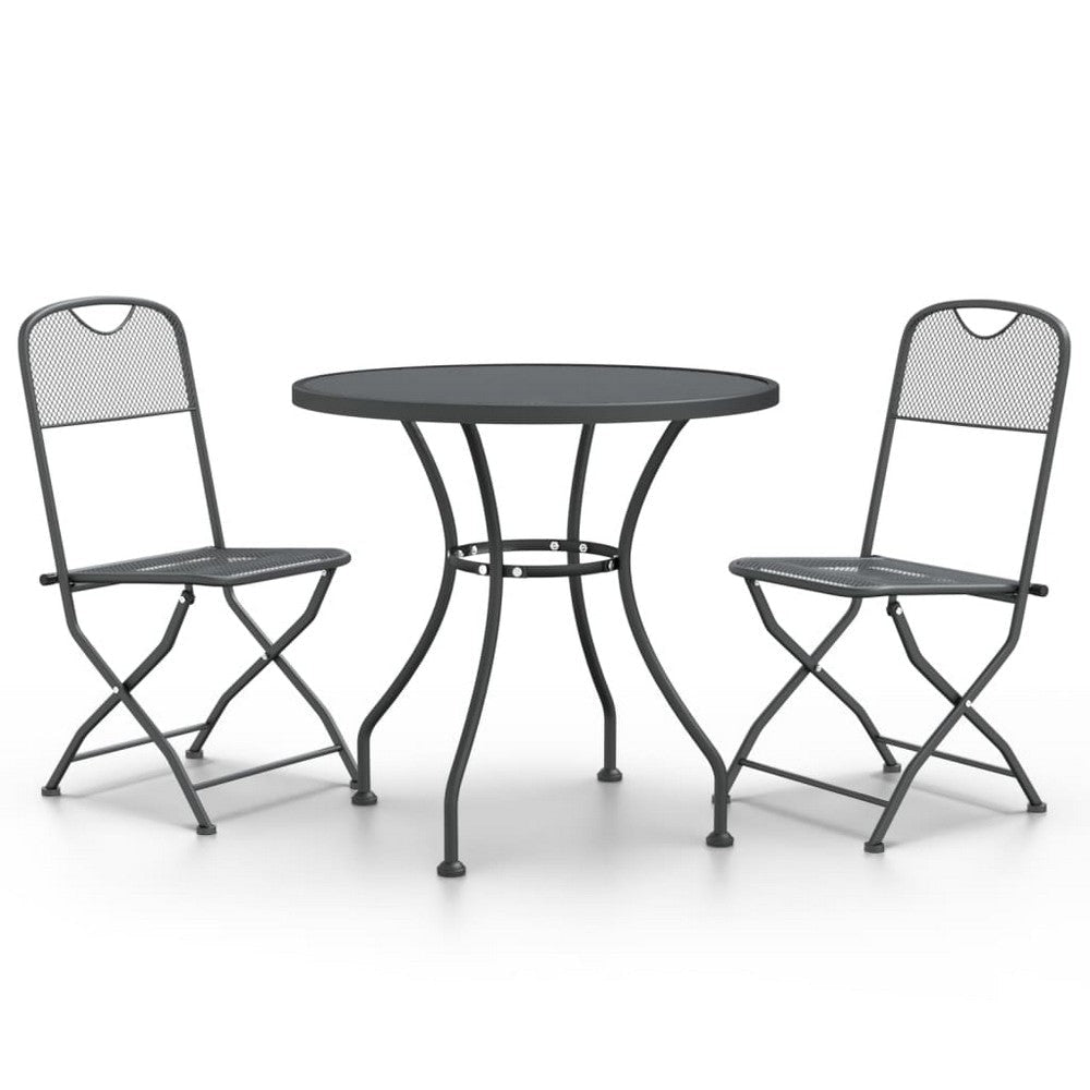 3pc Outdoor Dining Table Set, 2 Side Chairs, Round Top, Black Metal